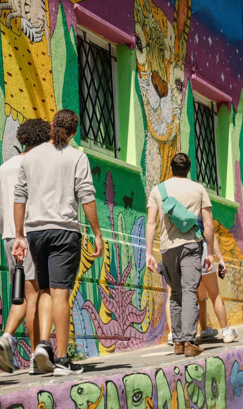 Grupo de estudiantes caminando frente a los murales de arte urbano en los cerros de Valparaíso