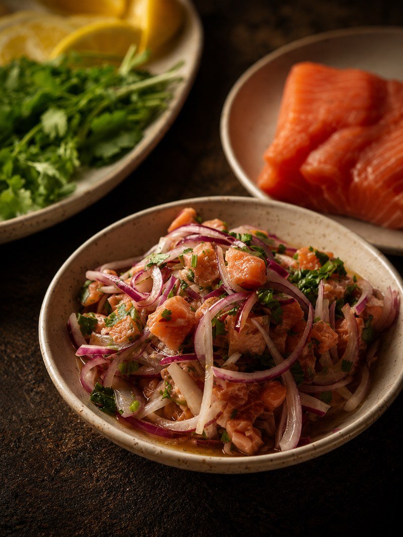 Ceviche de salmón con cebolla morada y cilantro