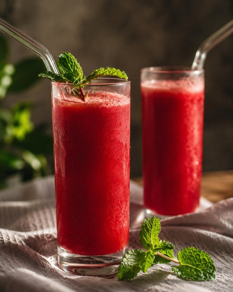 Jugo de fruta natural de temporada servido en vaso alto con menta