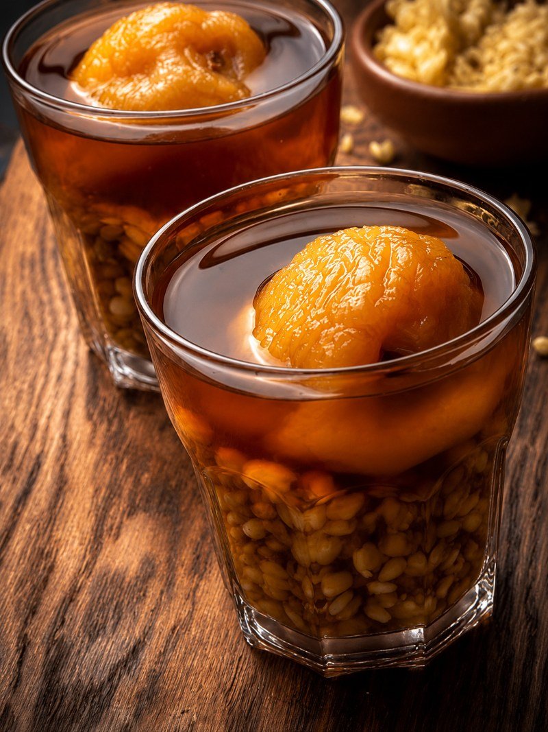 Mote con huesillo en vaso de vidrio, bebida chilena tradicional