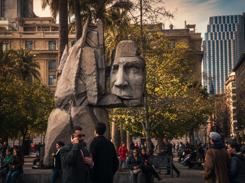 Monumento a los Pueblos Indígenas en Plaza de Armas con personas alrededor